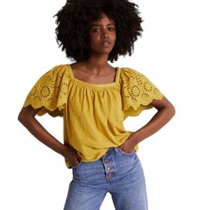 NWT Boden Mustard Square Neck Woven Sleeve Knit Top Eyelet Sz 10 Boho
